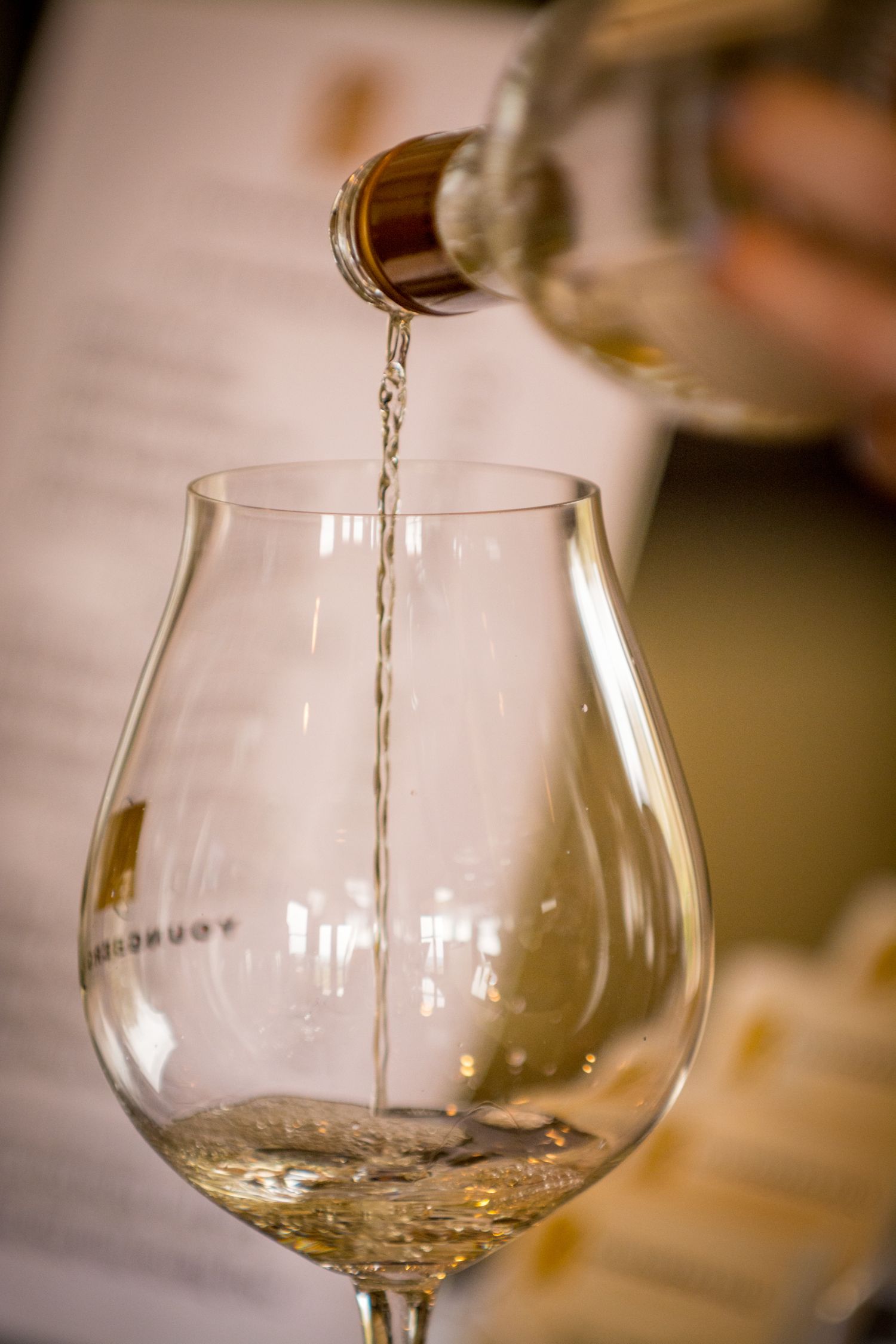 White wine being poured at Youngberg Winery in Oregon